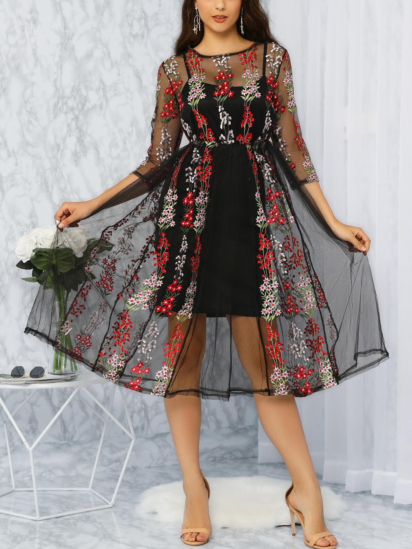 

Sheer Mesh Flower Embroidery Keyhole Back Dress
