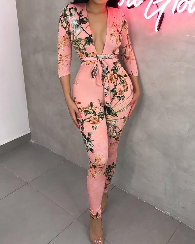 

Floral Print Deep V Neck Slinky Jumpsuit, Pink