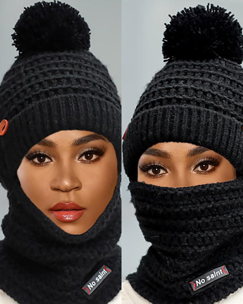 

2 In 1 Pom Pom Plain Knit Beanie, Black