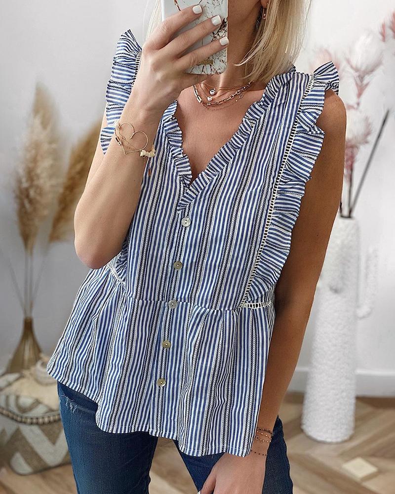 

Bottoned Striped Frill Hem Tank Top, Blue