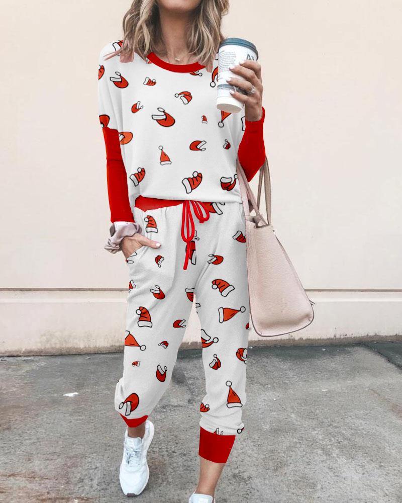 

Christmas Print Lace Pajamas Set, White