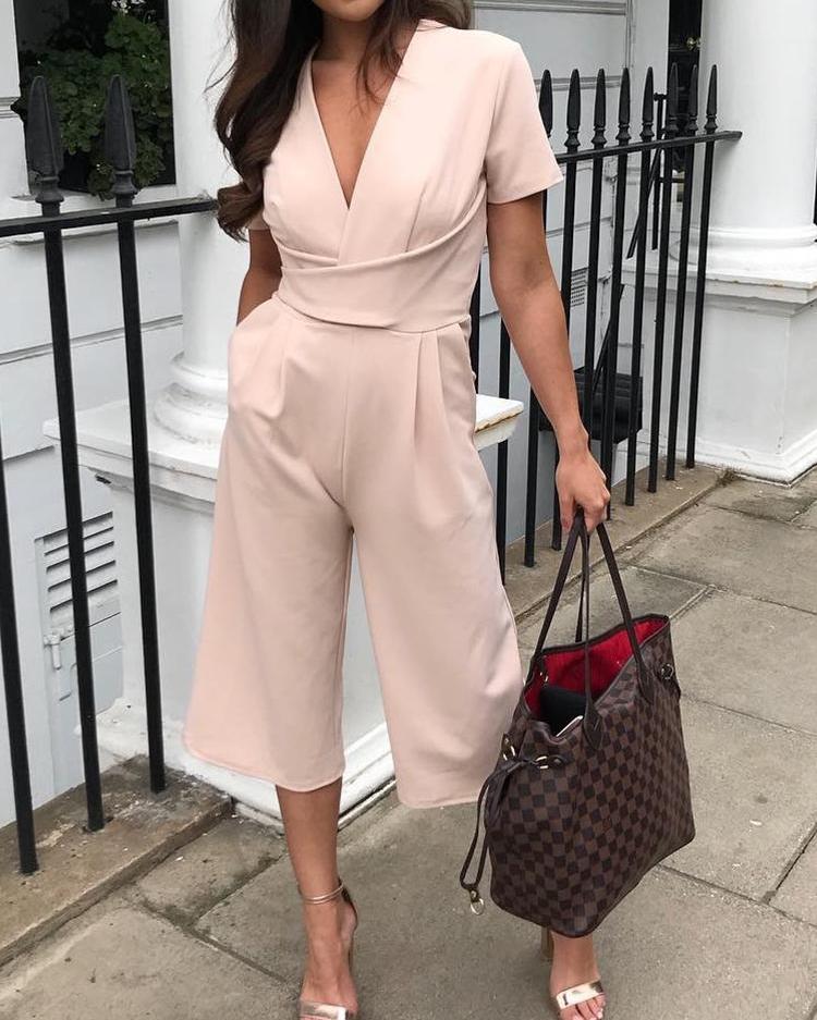 

Solid Ruched V Neck Short Sleeve Wide Leg Jumpsuit, Nude