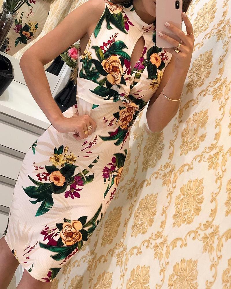 

Floral Print Sleeveless Twisted Bodycon Dress, Beige
