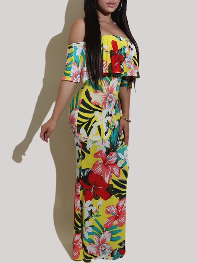 

Floral Print Frills Off Shoulder Slinky Maxi Dress, Pink;yellow