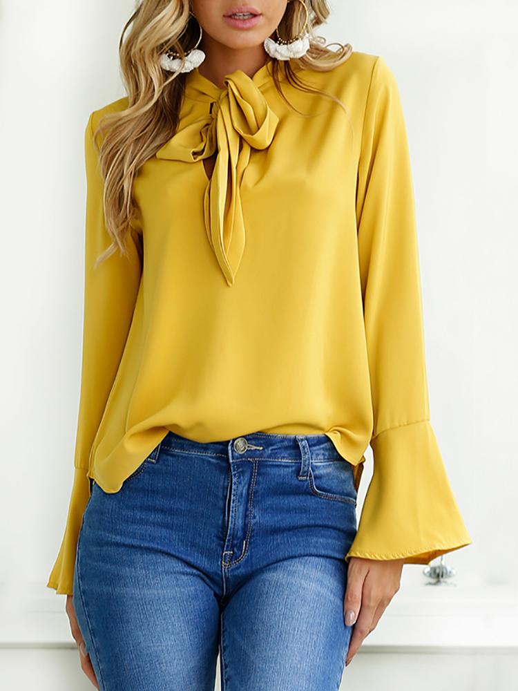 

Curve Hem Tied Front Flare Sleeve Blouse - Yellow