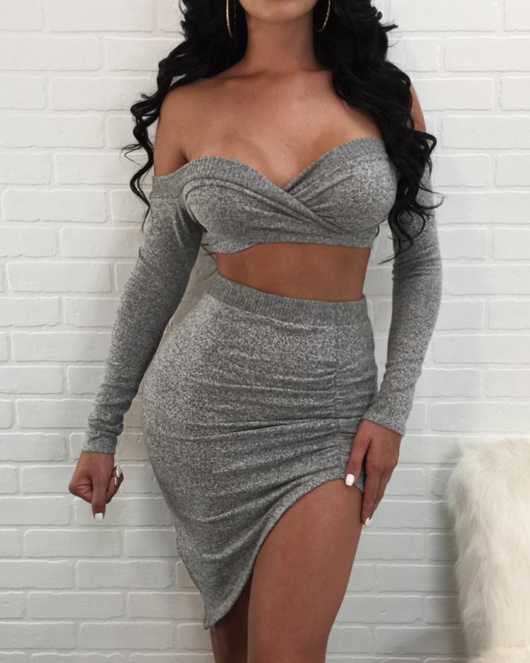 

Off Shoulder Cropped Slit Bodycon Two-Piece Dresses, Gray