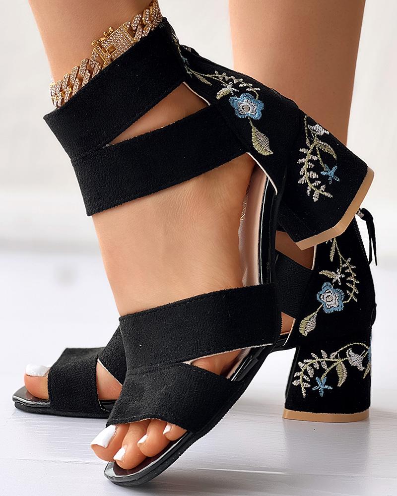 

Floral Embroidered Chunky Heeled Sandals, Blue