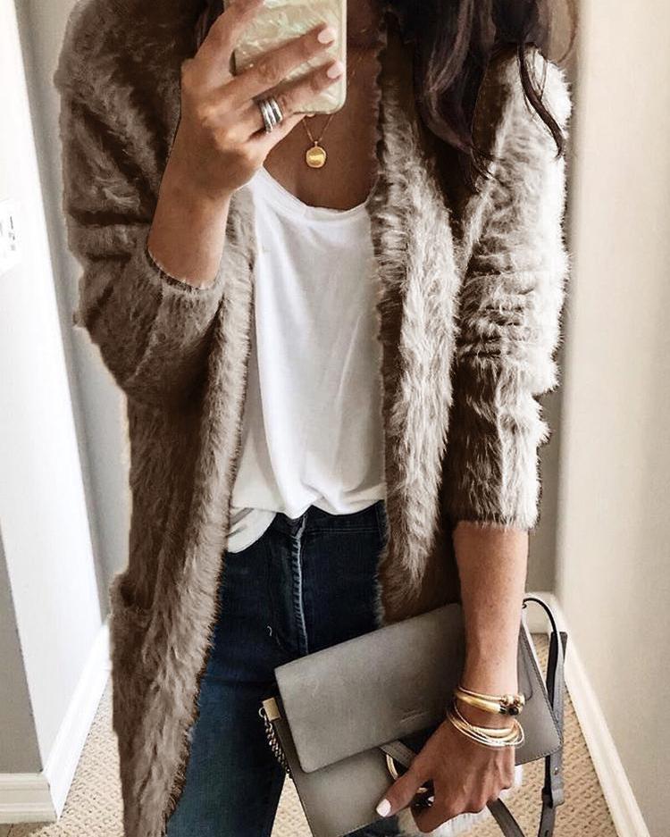 

Fluffy Open Front Pocket Design Coat, Khaki
