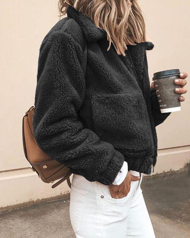 

Solid Turn-down Collar Pocket Fluffy Coat, Black