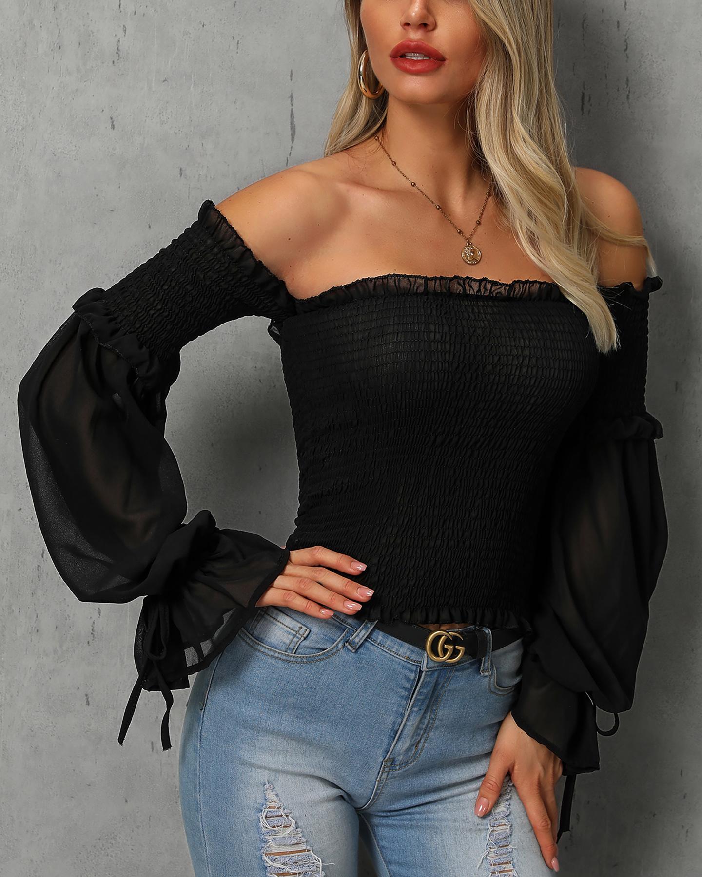 

Off Shoulder Shirring Lantern Sleeve Blouse