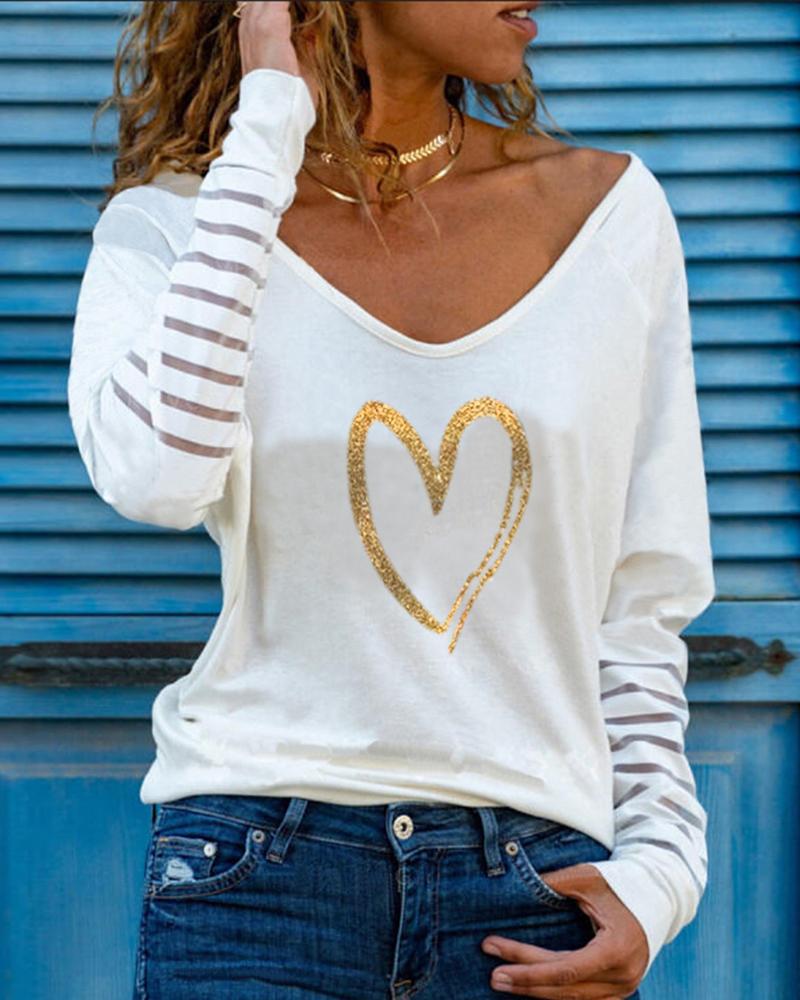 

V Neck Striped Heart Print Long Sleeve T-shirt, White