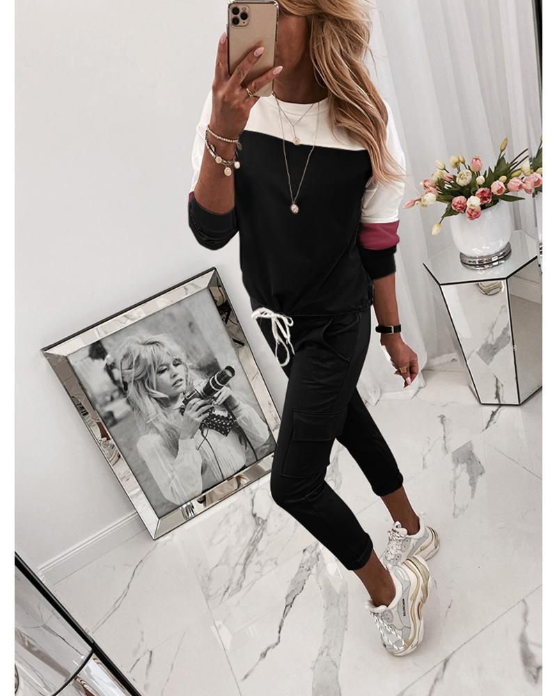 

Round Neck Colorblock Top & Drawstring Pocket Pants Sets, Black