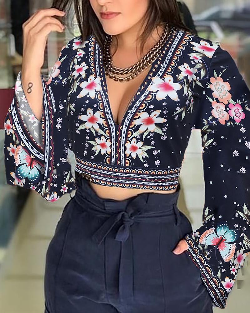 

Floral Print Open Back Casual Blouse