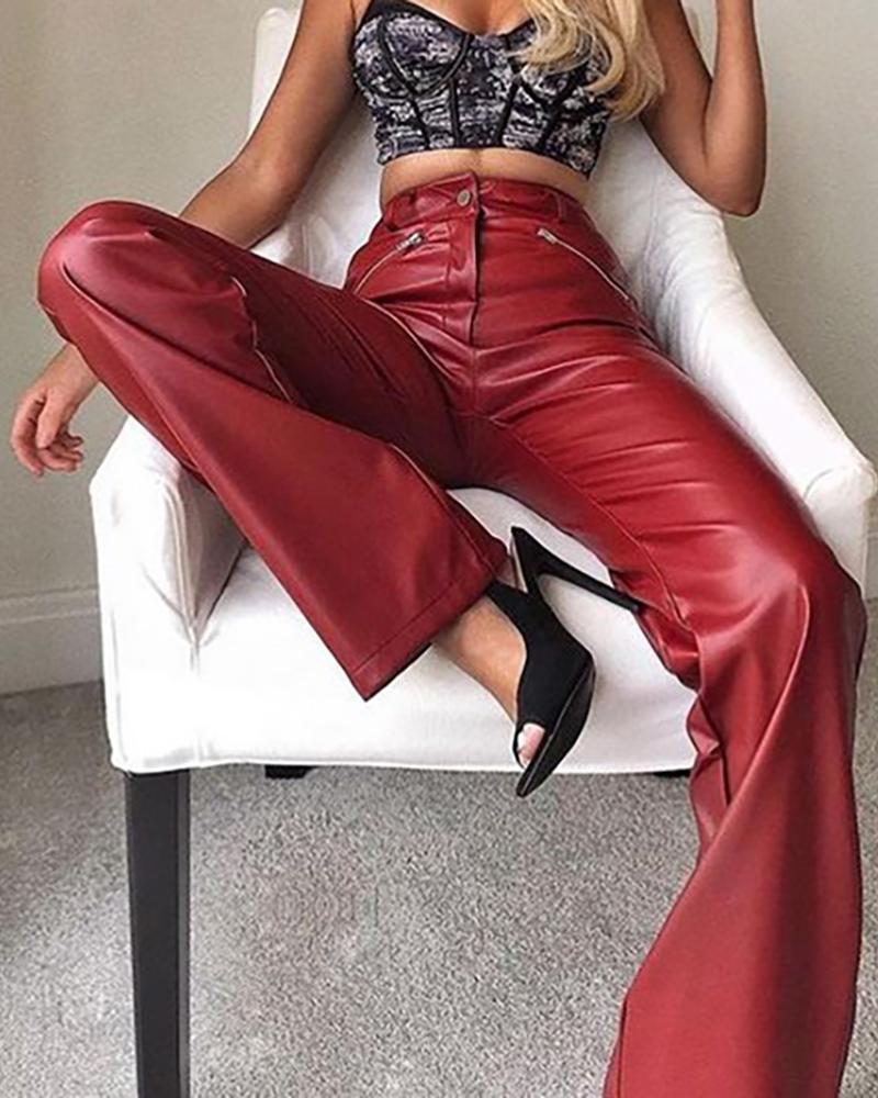 

High Waist PU Leather Pants, Wine red