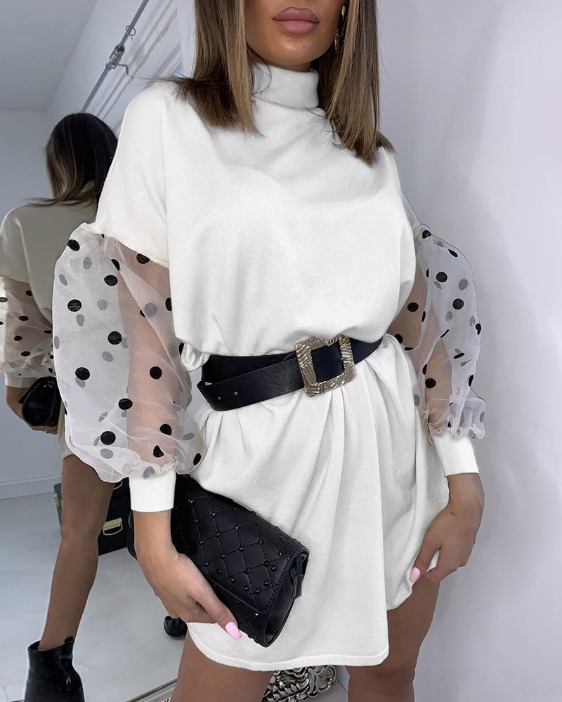 

Mesh Dot Puff Sleeve Mini Dress, White