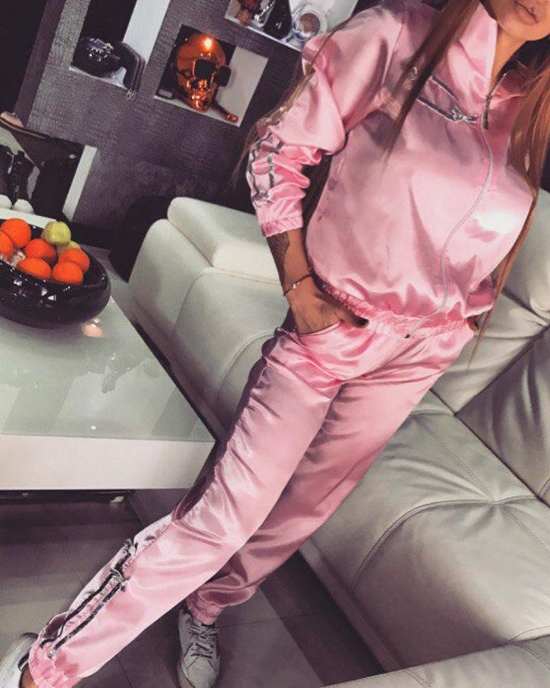 

Solid Zip Front Tracksuit, Pink