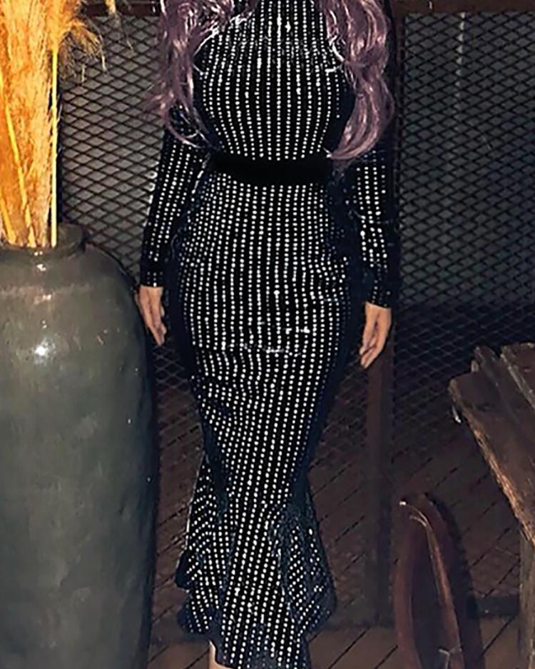 

Glitter Stud Detail Long Sleeve Fishtail Dress, Black
