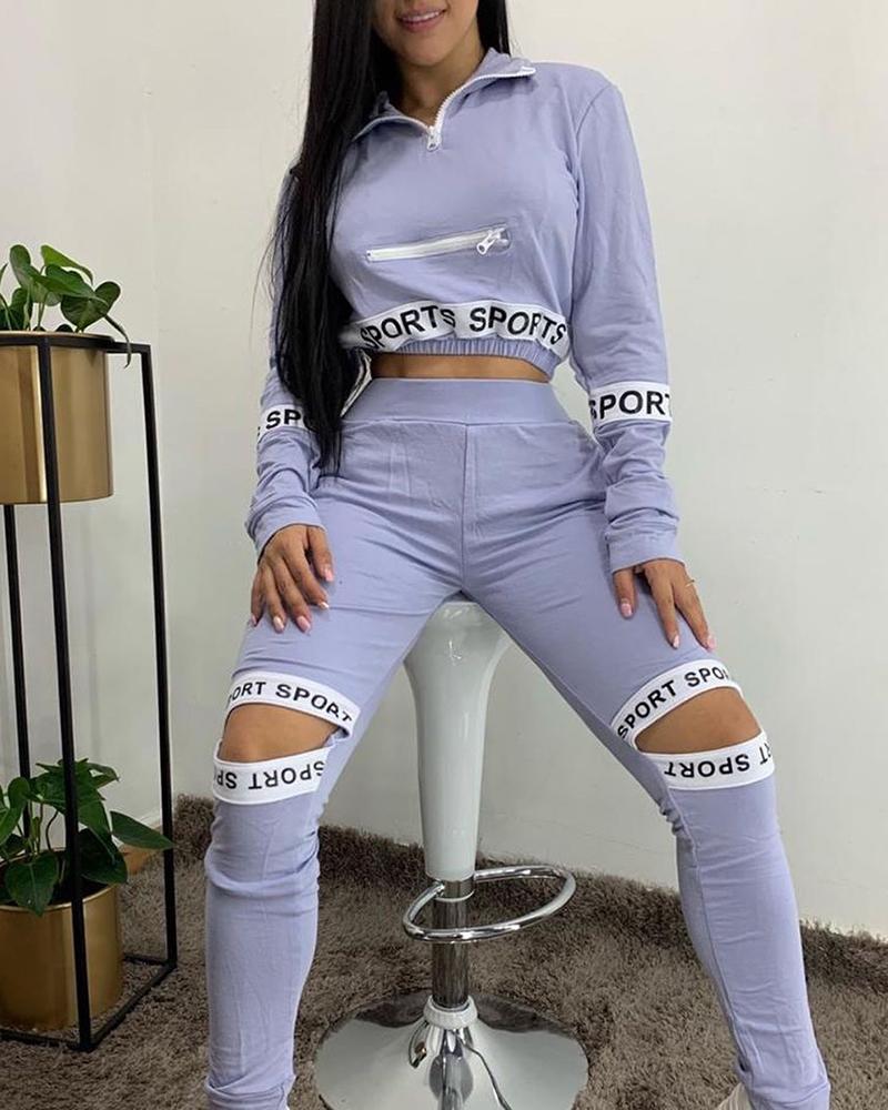 

Letter Print Zip Crop Top & Cutout Pants Set, Purple