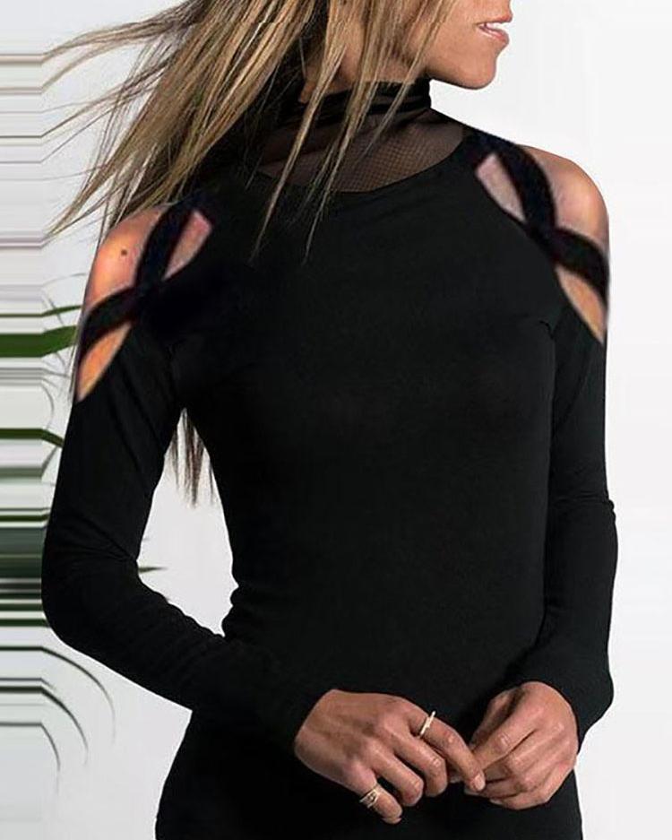 

Mesh Stitching Cold Shoulder Bottoming T-Shirt, Black