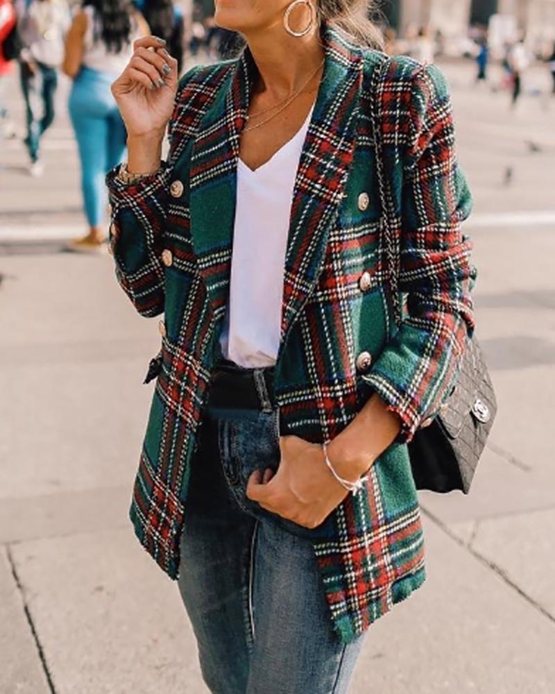

Notched Collar Double-breasted Plaid Blazer, Green