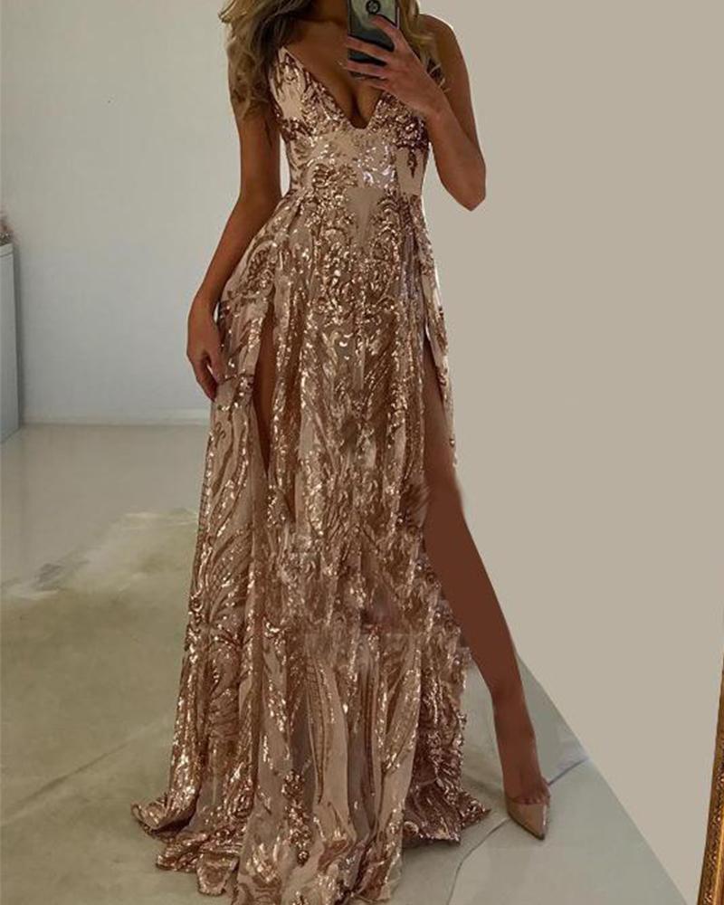 

Deep V Sequined Maxi Slip Dress, Champagne