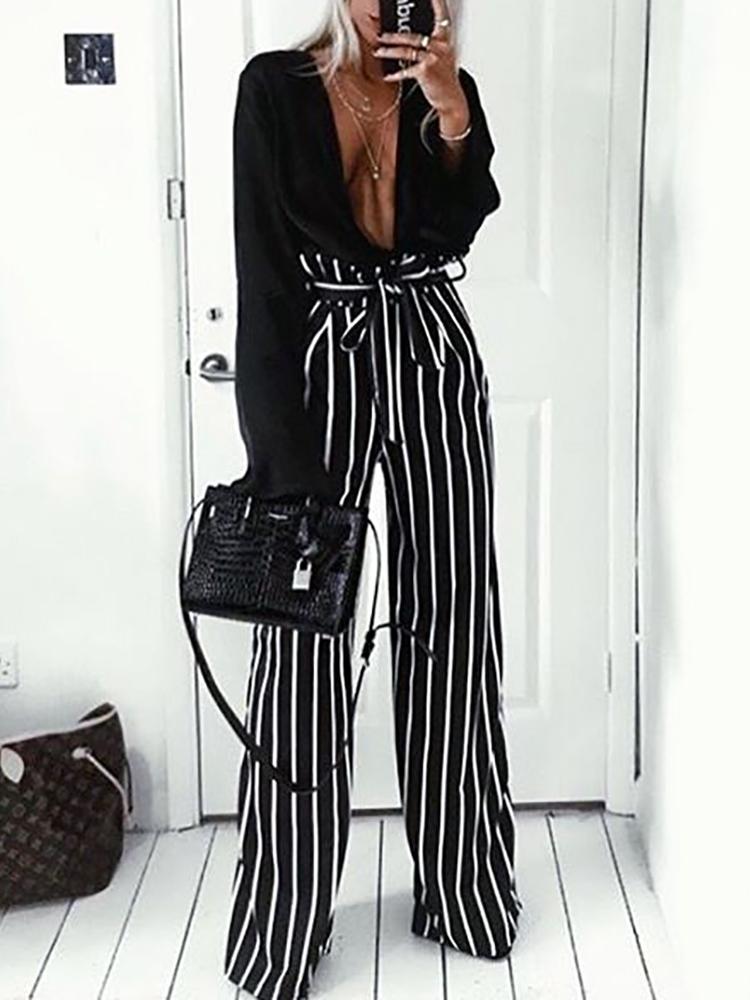 

Frills Striped Belted High Waist Wide Leg Pants, Black