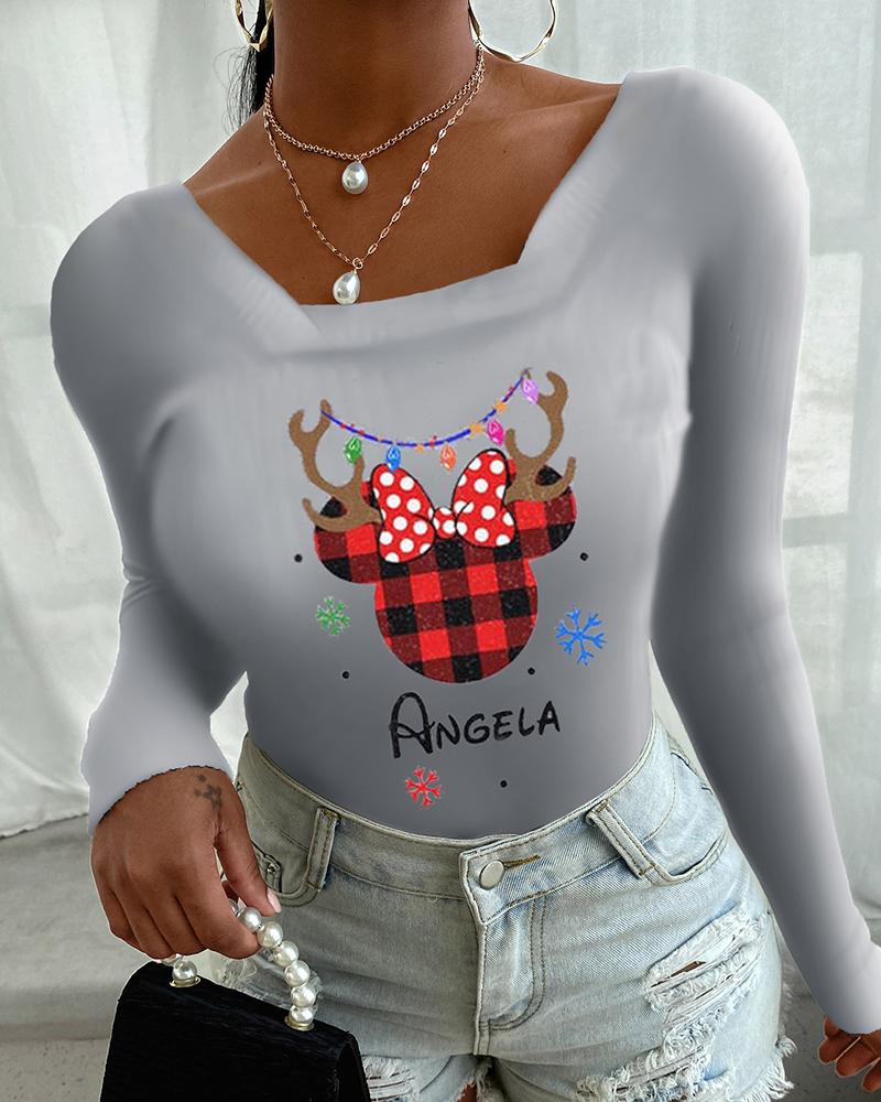 

Christmas Moose Print Long Sleeve Sweater, Gray