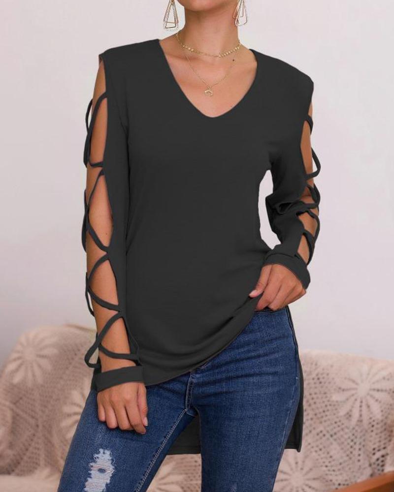 

Solid V Neck Lace Up Sleeve Tops, Black