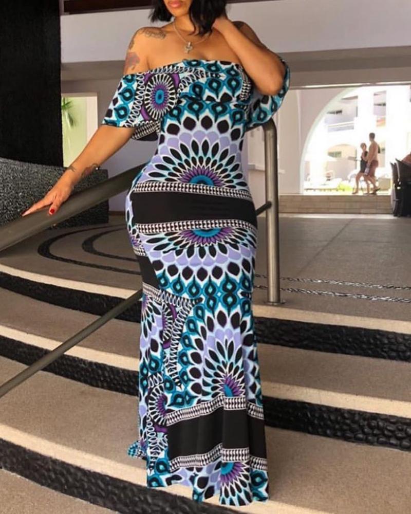 

Off Shoulder Colorblock Print Maxi Dress, Multicolor