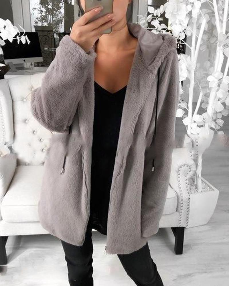 

Hooded Zip Front Fluffy Jacket
