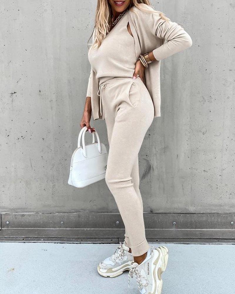 

Solid Tank & Long Sleeve Cardigan & Drawstring Pants Set, Beige