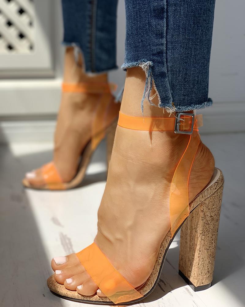 

Open Toe Transparent Strap Chunky Heeled Sandals, Orange