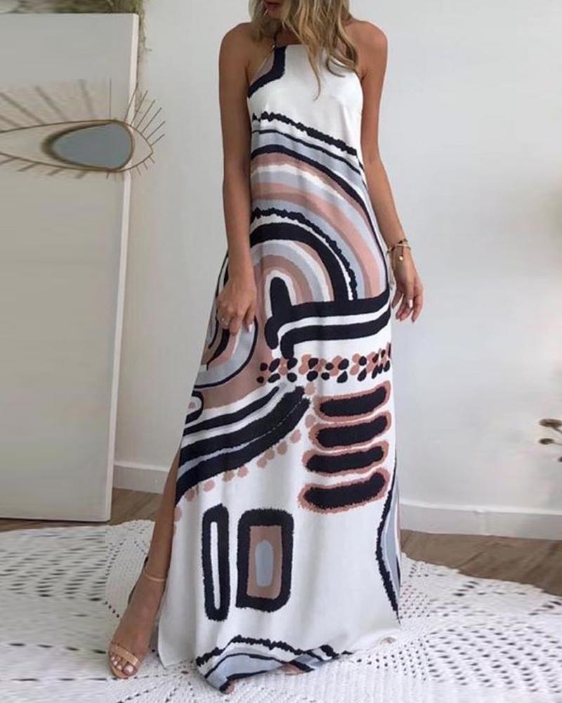 

Halter Graffiti Print Backless Maxi Dress, White