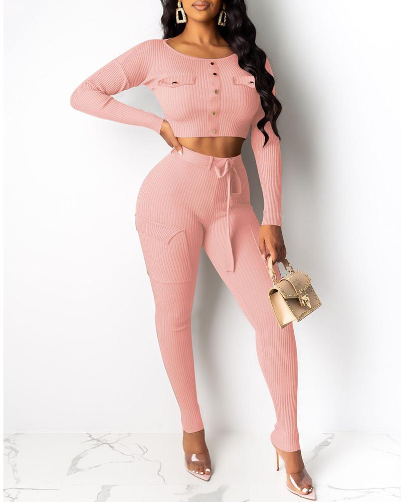 

Buttoned Ribbed Pocket Crop Top & Drawstring Pants Sets, Pink