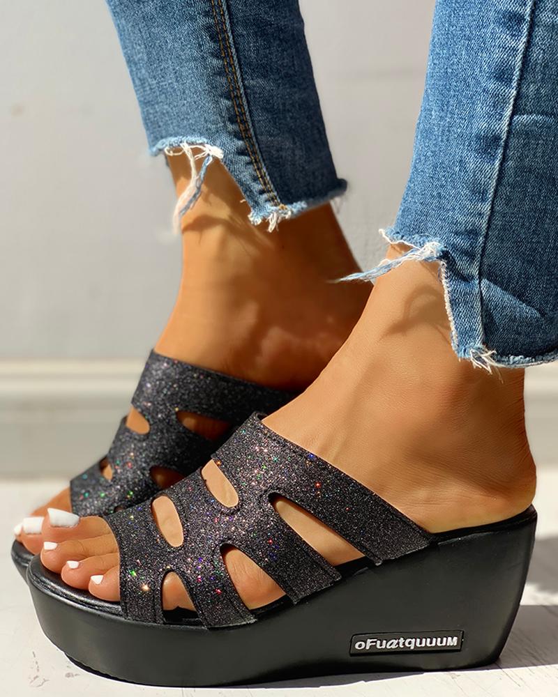 

Solid Hollow Out Platform Sandals, Black