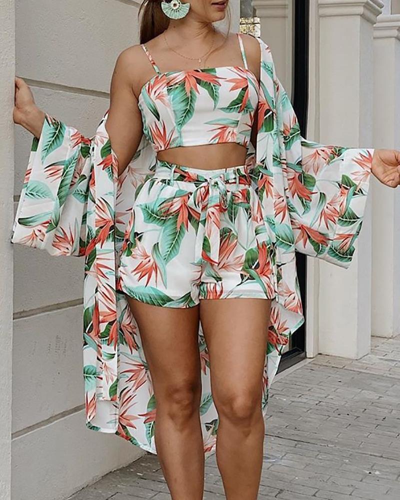 

Tropical Print Cami Top & Short & Cover Up sets, Multicolor