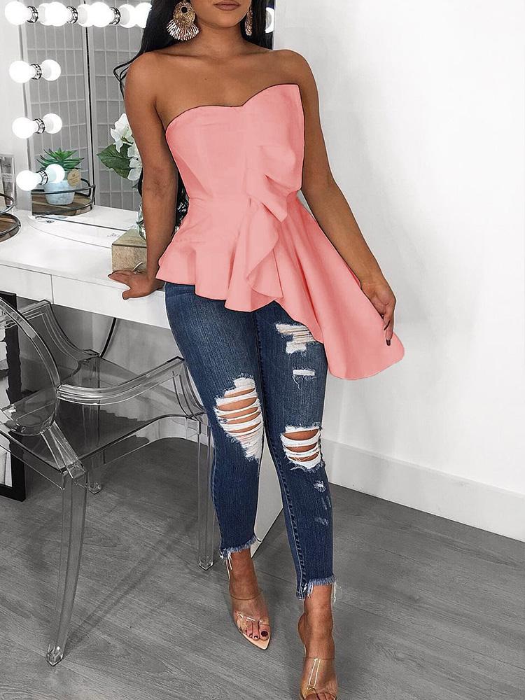 

Tube Irregular Ruffles Hem Blouse, Pink