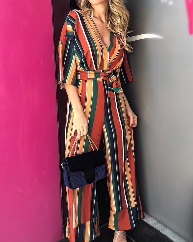 

Contrast Stripes Deep V-Neck Belted Jumpsuit, Multicolor