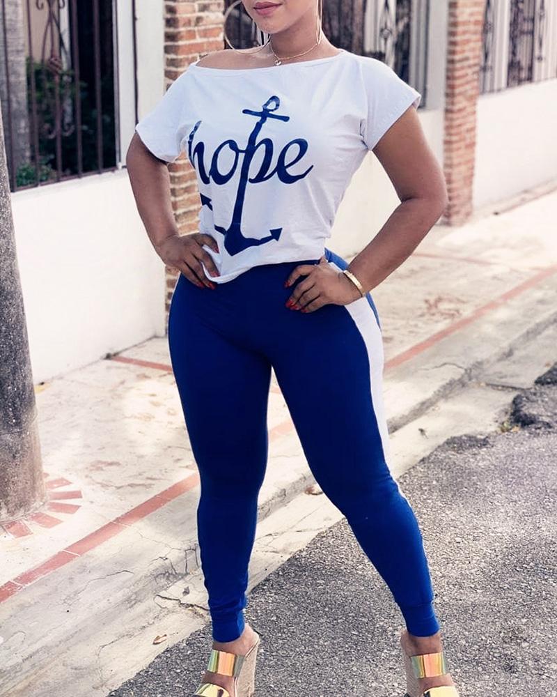

Boat Anchor Letter Print Top & Striped Tape Pants Set, Blue