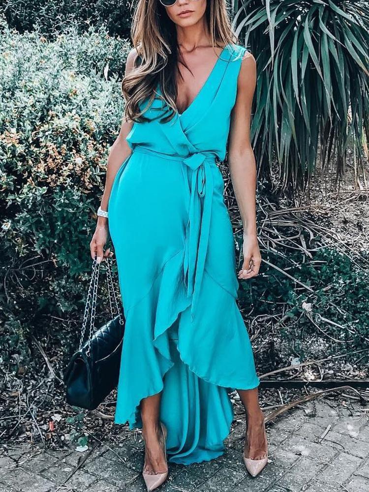 

Solid Ruffles Self Belted Dip Hem Wrap Dress