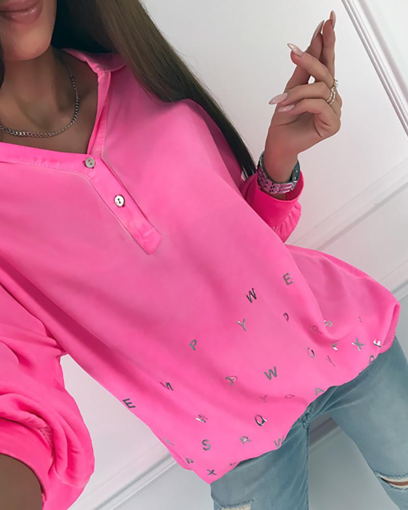 

Letter Print Button Design Blouse, Hot pink