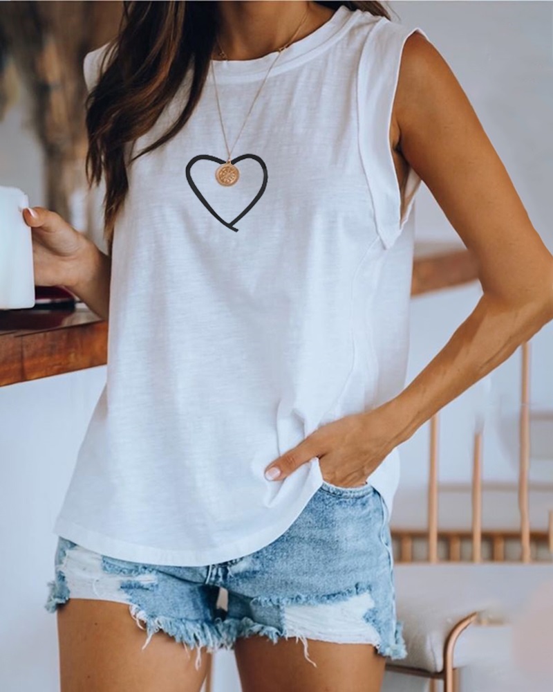 

Heart Print Sleeveless Casual Top, White