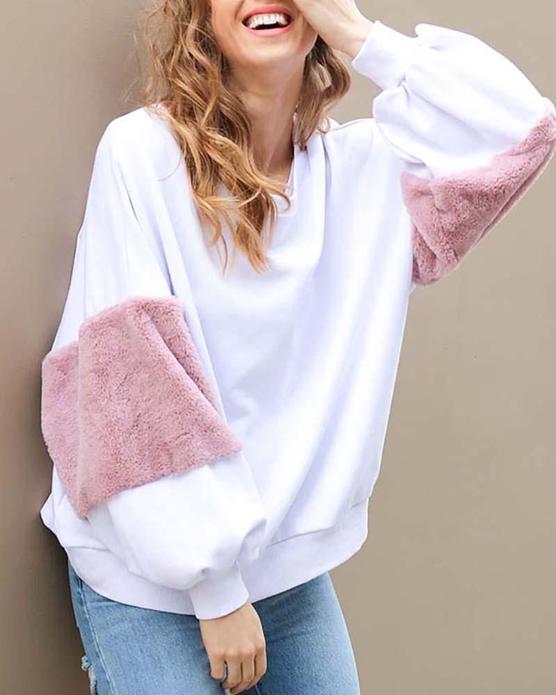 

Lantern Sleeve Fluffy Colorblock Casual Top, White