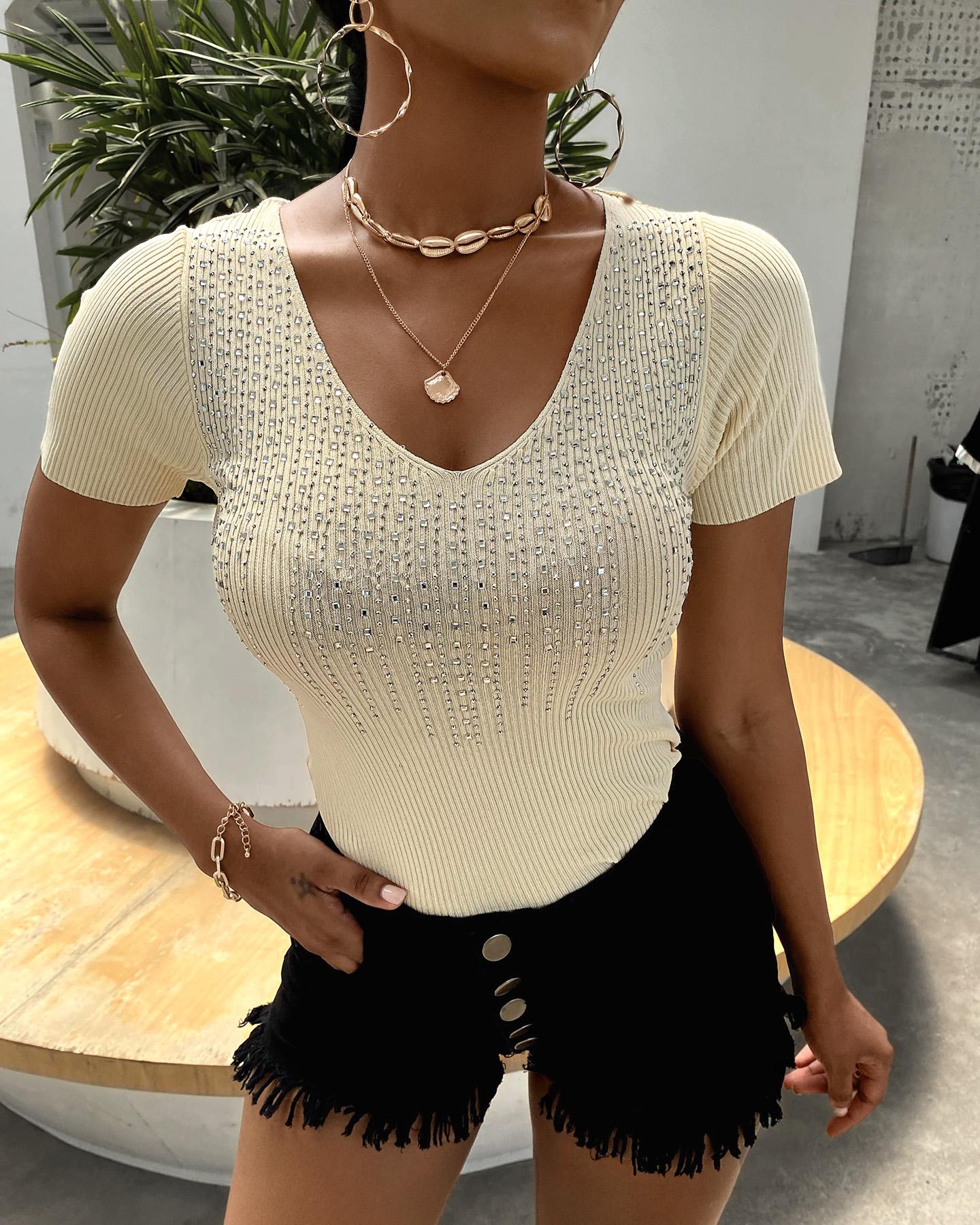 

Studded Lace Sheer Mesh Back Short Sleeve Top, Beige