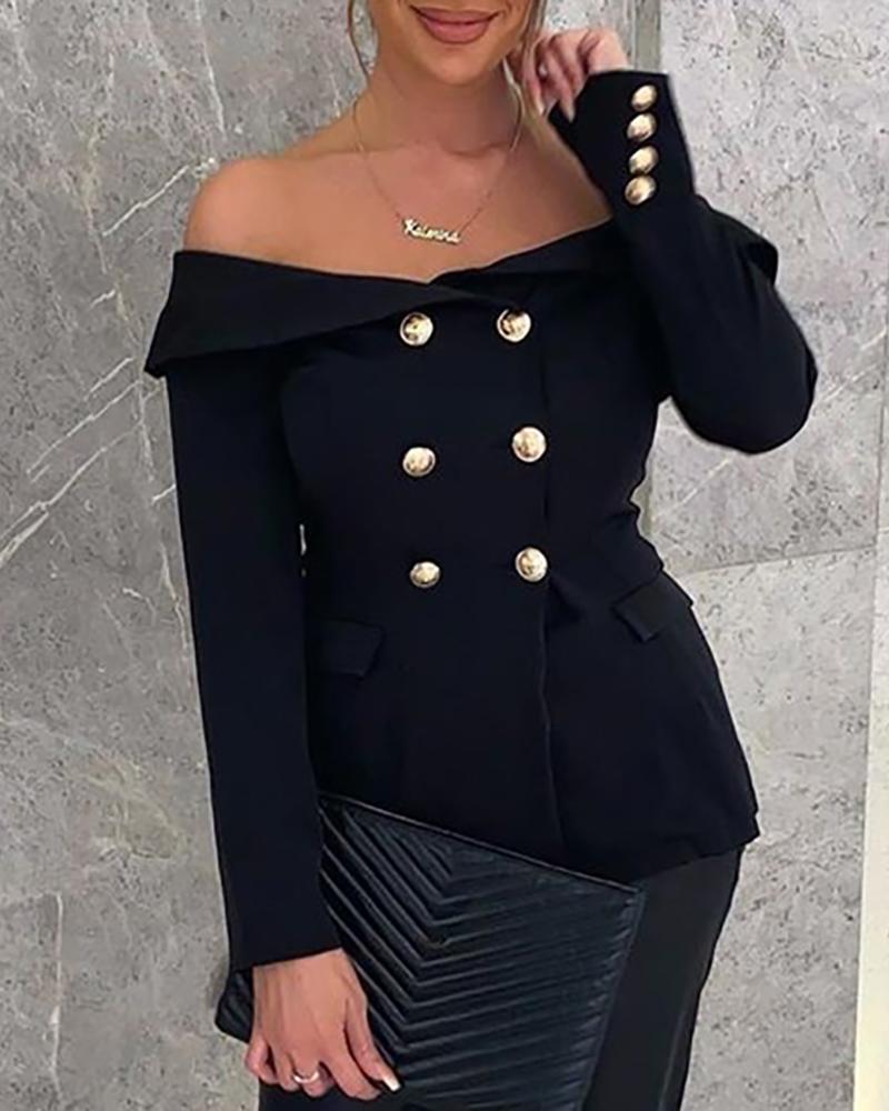 

Off Shoulder Fold-Over Buttoned Coat, Black