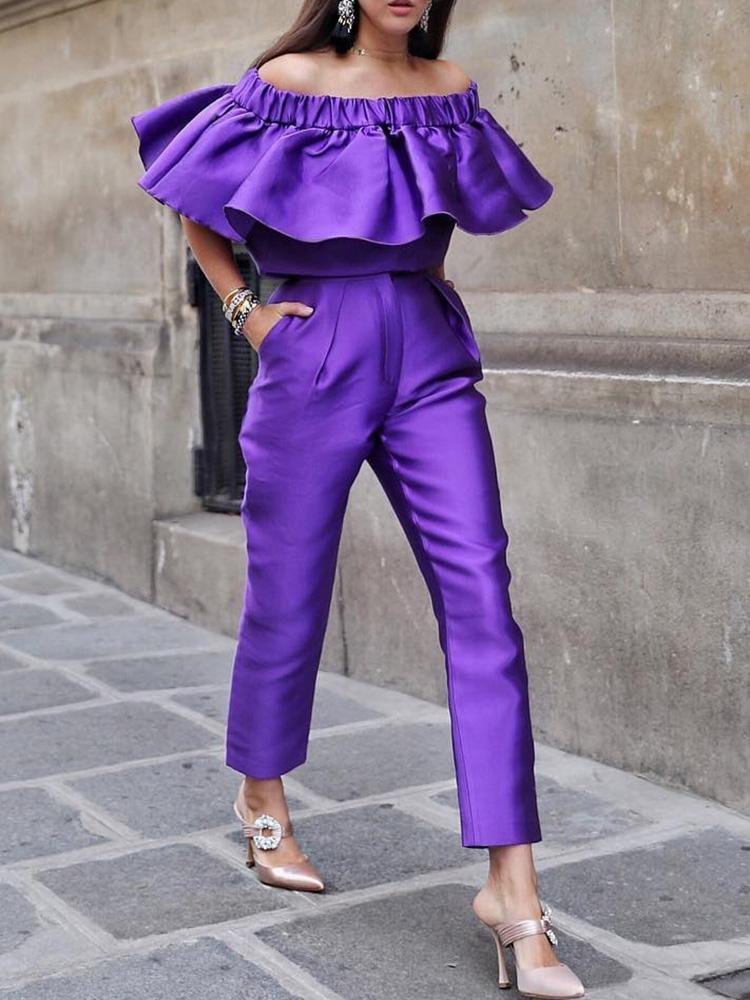 

Solid Ruffles Off Shoulder Top&Long Pants Sets, Purple