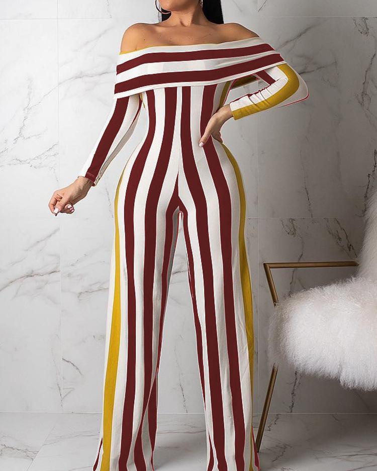 

Contrast Stripes Fold-Over Wide Leg Jumpsuit, Wine red