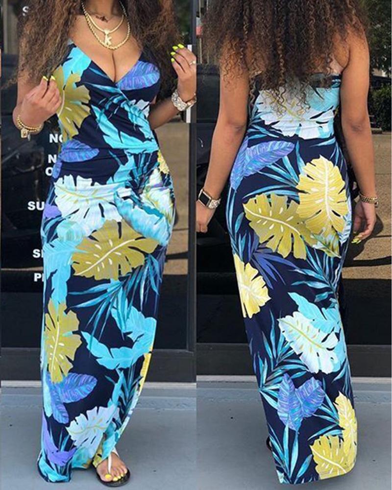 

Deep V Neck Tropical Print Maxi Dress, Blue