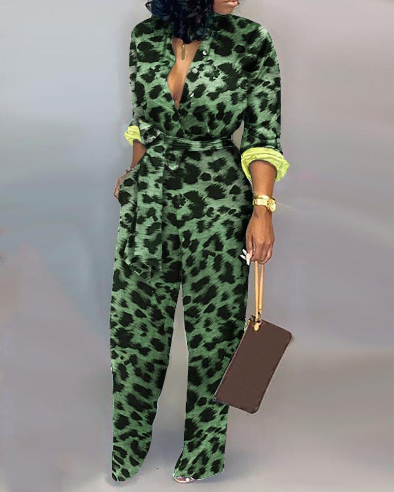 

Leopard Long Sleeve Knotted Jumpsuit, Green