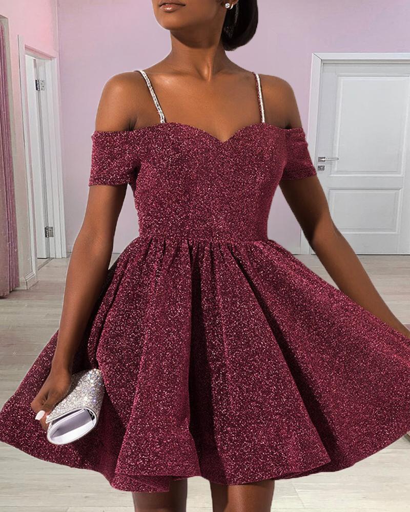 

Glitter Spaghetti Strap Ruffles Dress, Dark red